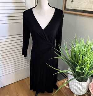 Vintage Chicos Travelers Dress 1 Medium Black Faux Wrap Midi Retro 90s Minimal
